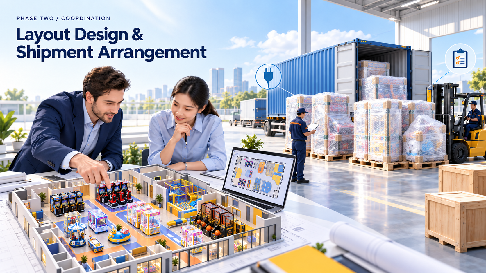 ELONG layout design and shipment arrangement for commercial entertainment venues