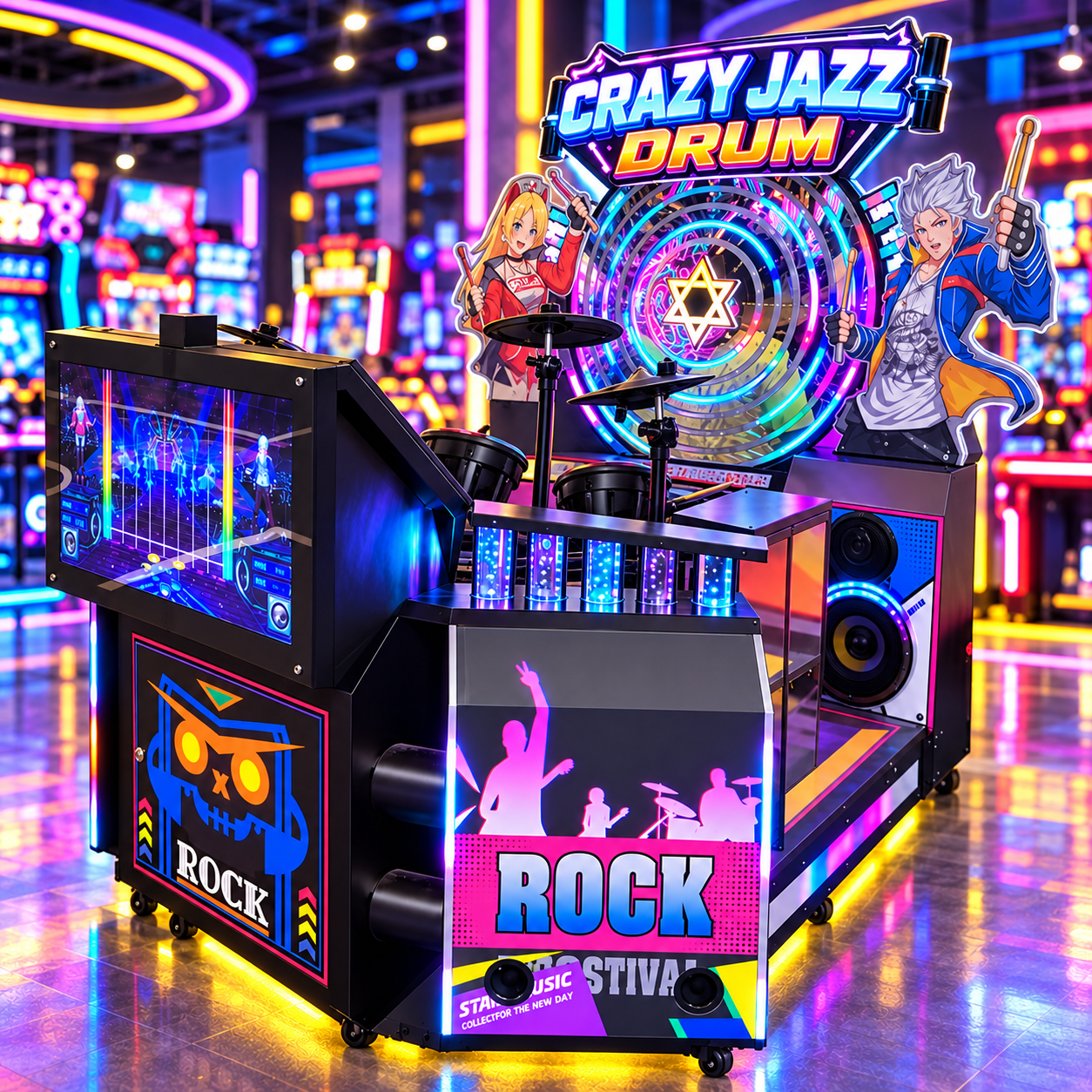 Commercial drum arcade machine for shopping mall entertainment and arcade centers