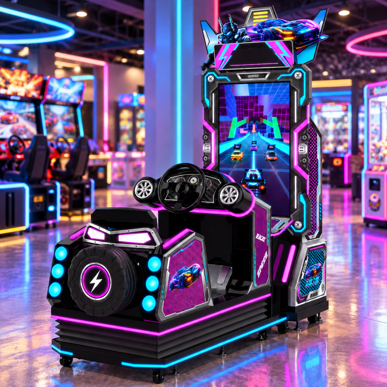Commercial arcade racing game machine in entertainment venue