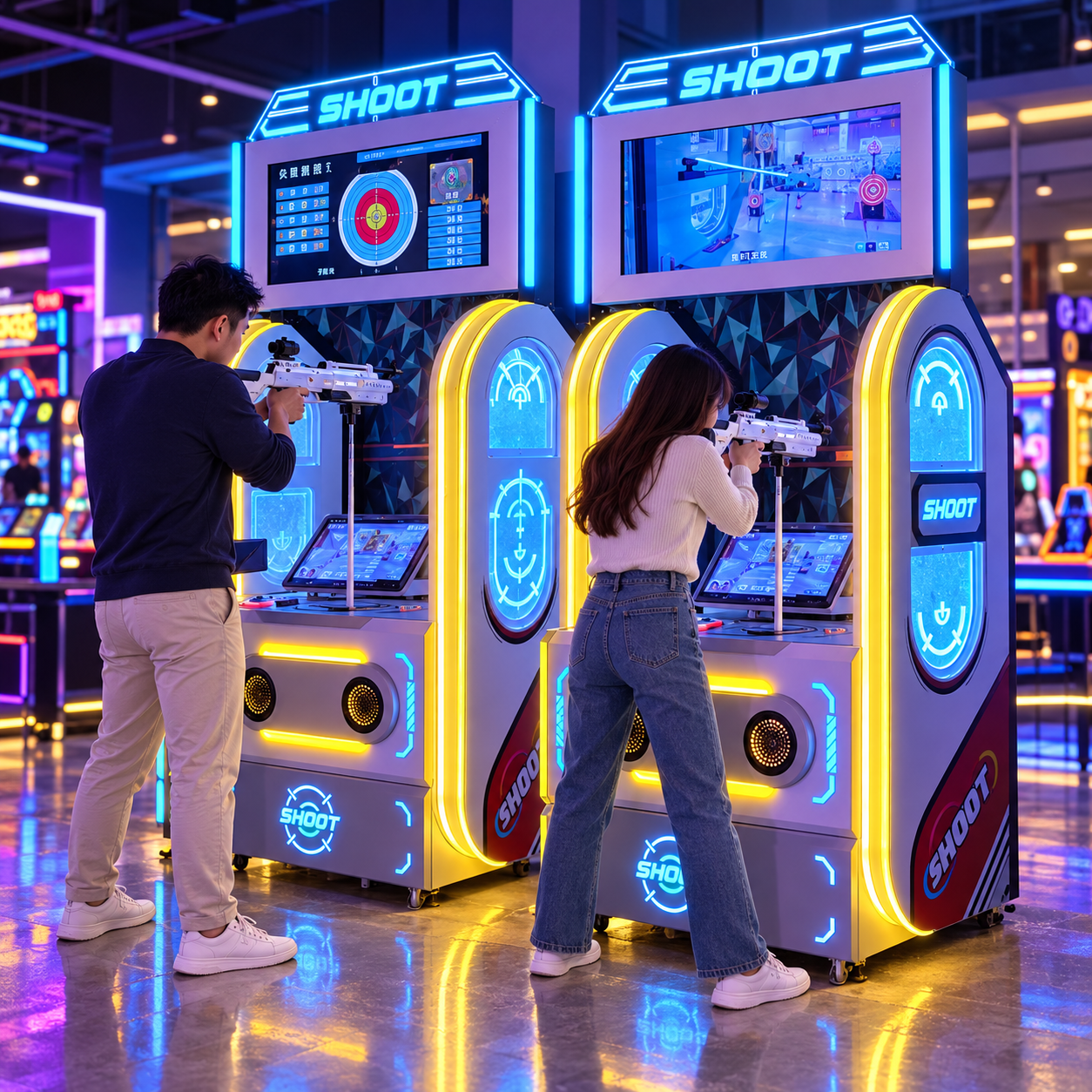 Players using SHOOT shooting arcade machines in a commercial venue